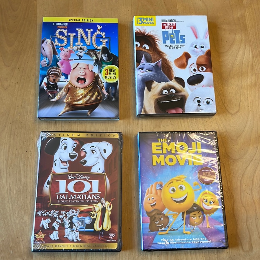 New in Box-DVDs (Sing, Emoji Movie, Secret Life of Pets, 101 Dalmatians)